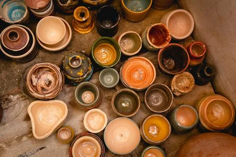 Hand made ceramic tableware, Collection of colorful clay pottery ceramics. Stock Photos