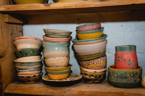 Hand made ceramic tableware, Collection of colorful clay pottery ceramics. Stock-Fotos