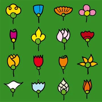 Hand made colored flower icons. Flat design. Stock Illustration