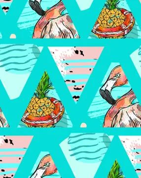 Hand made Exotic seamless pattern with tropical leaves,pineapple and pink 스톡 일러스트