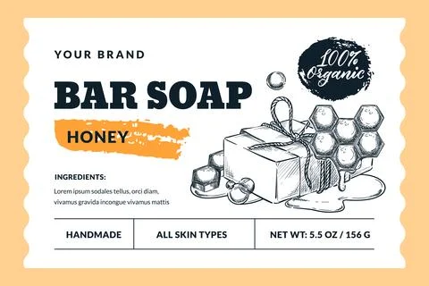 Hand made honey soap bar package label or sticker design. Vector hand drawn.. Illustrazione stock