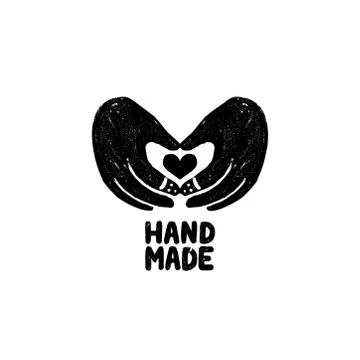 Hand made icon or logo. Vintage stamp icon with hands and heart image and Stock Illustration