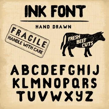 Hand Made Ink stamp font. Handwritten alphabet. Vintage retro textured hand d Stock Illustration