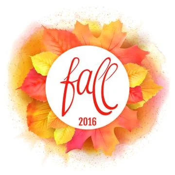 Hand made lettering Fall over round label with leaves Ilustração Stock