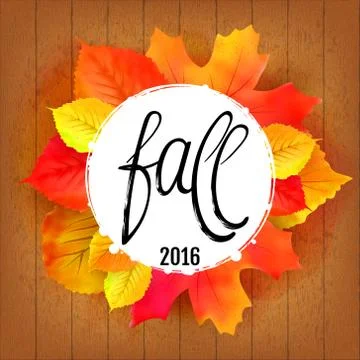 Hand made lettering Fall over round label with leaves Ilustração Stock