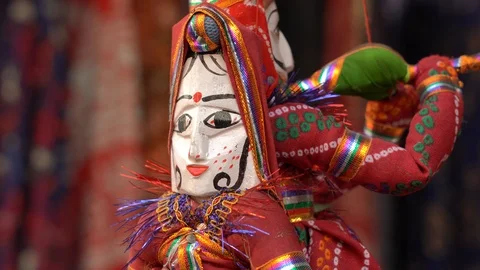 Hand made puppets attached to string in Rajasthan, India. Close up doll Stock Footage 100416465