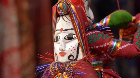 Hand made puppets attached to string in Rajasthan, India. Close up doll Stock Footage 100737758