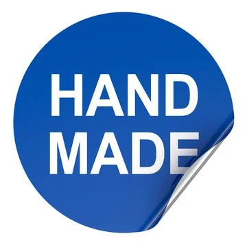 Hand Made, round blue sticker with curled corner. 3D rendering イラスト素材