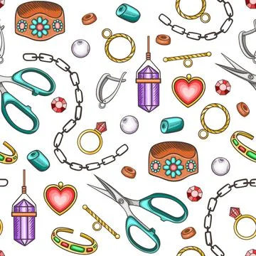 Hand made seamless pattern with tools, jewelry and beads Stock Illustration