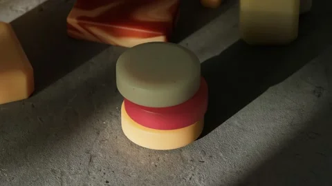 Hand made soap bars with unique textures and patterns. Luxurious skincare. Stock Footage 234308792