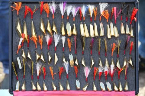 Hand-made spoon baits, tackles and wobblers. Fishing lures and accessories. Stock Photos