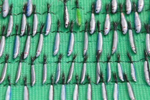 Hand-made spoon baits, tackles and wobblers. Fishing lures and accessories. Foto stock