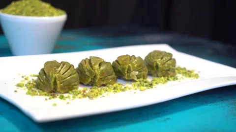 Hand-made Turkish baklava portion presentation Stock Footage 150085962