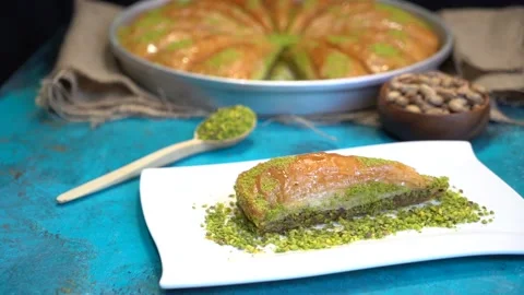 Hand-made Turkish baklava portion presentation Stock Footage 150086488