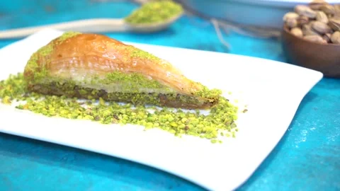 Hand-made Turkish baklava portion presentation Stock Footage 150086596