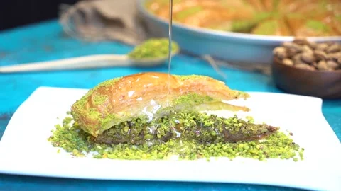 Hand-made Turkish baklava portion presentation Stock Footage 150086660