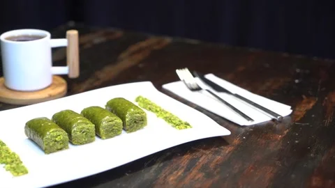 Hand-made Turkish baklava portion presentation Stock Footage 150086696