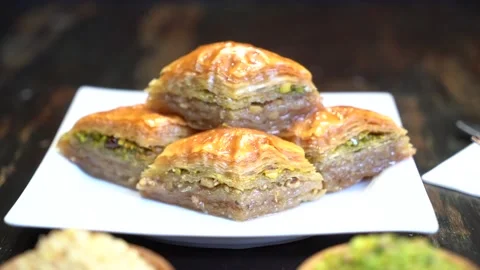 Hand-made Turkish baklava portion presentation Stock Footage 150086801
