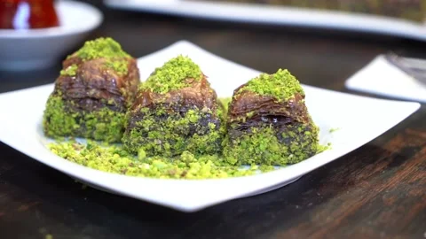 Hand-made Turkish baklava portion presentation Stock Footage 150086995