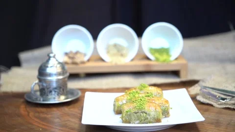 Hand-made Turkish baklava portion presentation Stock Footage 150087182
