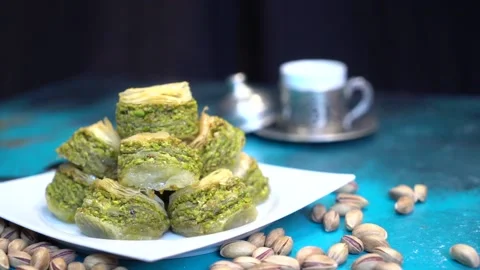 Hand-made Turkish baklava portion presentation Stock Footage 150087638