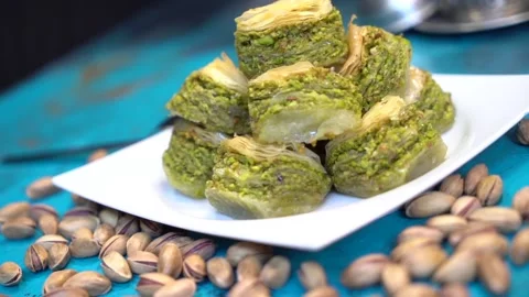 Hand-made Turkish baklava portion presentation Stock Footage 150087693