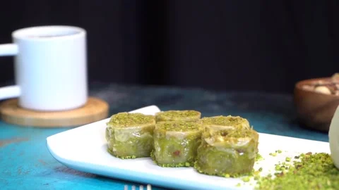 Hand-made Turkish baklava portion presentation Stock Footage 150087775