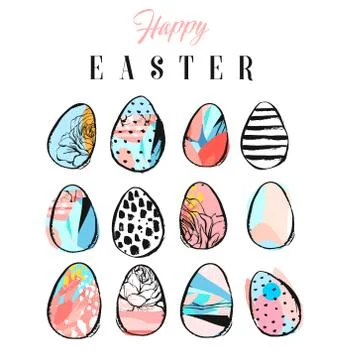 Hand made vector abstract collage textured colored Easter eggs collection set 스톡 일러스트
