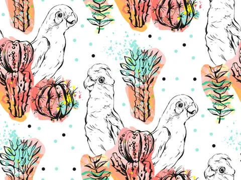 Hand made vector abstract collage seamless pattern with tropical parrots,cactus Stockillustratie