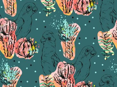 Hand made vector abstract collage seamless pattern with tropical parrots,cactus Stock Illustration