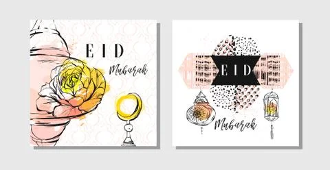 Hand made vector abstract freehand textured islamic cards set template with Eid Illustrazione stock