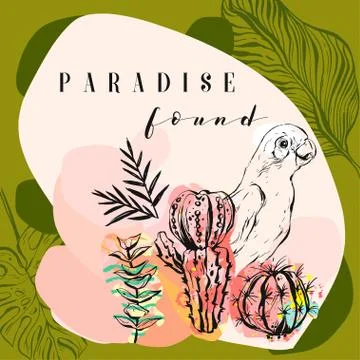 Hand made vector abstract freehand textured tropical collage illustration with Stock Illustration