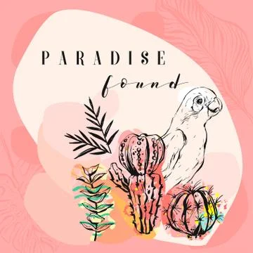 Hand made vector abstract freehand textured tropical collage illustration with Stock Illustration
