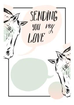 Hand made vector abstract graphic Valentines day card with horse heads,speech Stock Illustration
