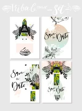 Hand made vector abstract graphic Save the Date tribal tropical exotic Stock Illustration