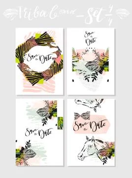 Hand made vector abstract graphic Save the Date tribal tropical exotic Stock Illustration