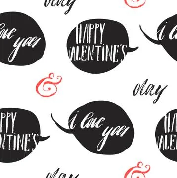 Hand made vector abstract graphic Valentines day seamless pattern with speech Stock Illustration