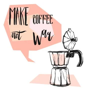 Hand made vector abstract graphic illustration with geyser coffee maker,speech Stock Illustration