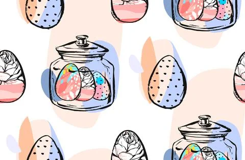 Hand made vector abstract graphic Easter seamless pattern collage with glass jar Stock Illustration