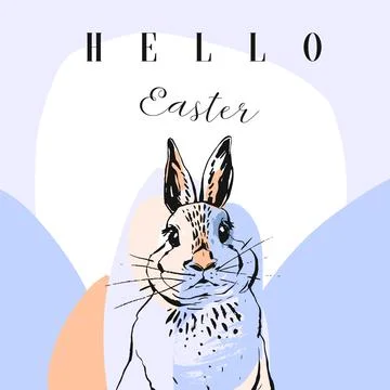 Hand made vector abstract illustration with bunny and Hello Easter quote.Easter Stock Illustration