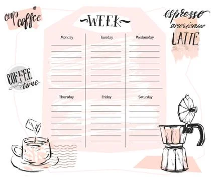 Hand made vector abstract Scandinavian Weekly planner template with graphic Stock Illustration