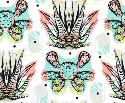 Hand made vector abstract seamless pattern with mirror reflection of cacti Stock Illustration