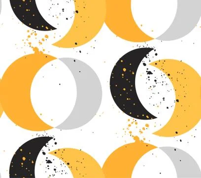 Hand made vector abstract seamless pattern with yellow and black moon isolated Illustrazione stock