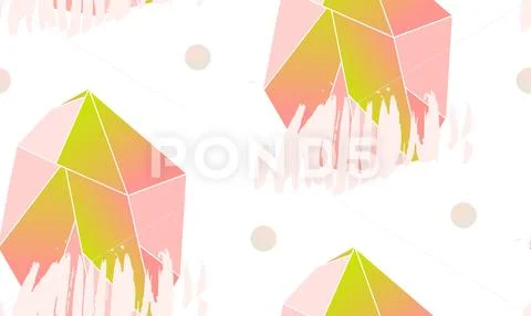Hand made vector abstract simple seamless pattern with pink polygonal crystal Stock Illustration