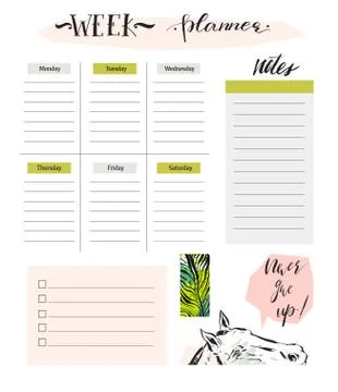Hand made vector abstract simple textured scandinavian and tribal Weekly planner Stock Illustration