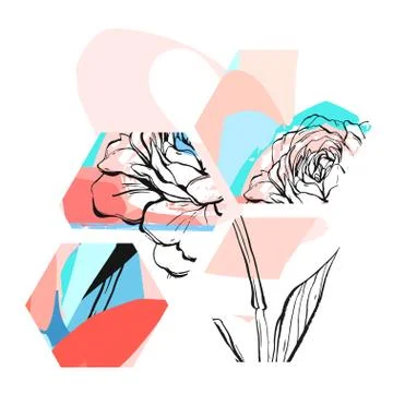 Hand made vector abstract textured trendy creative universal collage with floral 스톡 일러스트