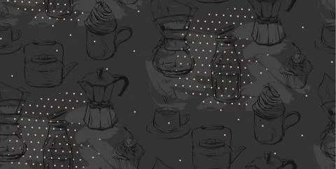 Hand made vector abstract textured graphic illustration of coffee maker,cups Illustrazione stock