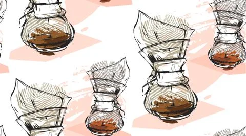 Hand made vector abstract textured seamless pattern of coffee maker in pastel Illustrazione stock