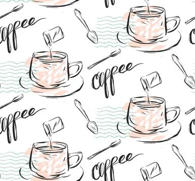 Hand made vector abstract textured seamless pattern of coffee concept with mug Stock Illustration