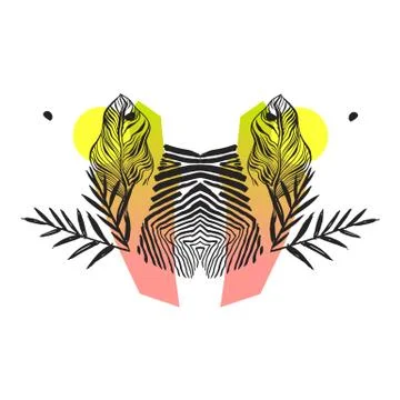 Hand made vector abstract tropical exotic mirror composition with palm leaves イラスト素材